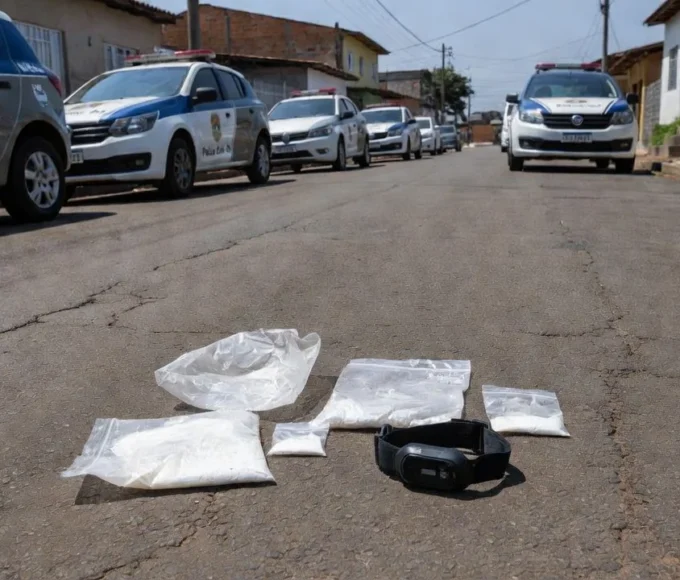 Rua em Ceilândia com viatura policial e pacote de cocaína descartado