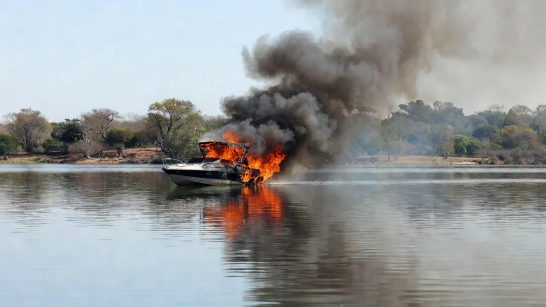 Incêndio em lancha no Lago Paranoá, Brasília, com fumaça subindo da embarcação.