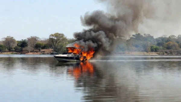 Incêndio em lancha no Lago Paranoá, Brasília, com fumaça subindo da embarcação.