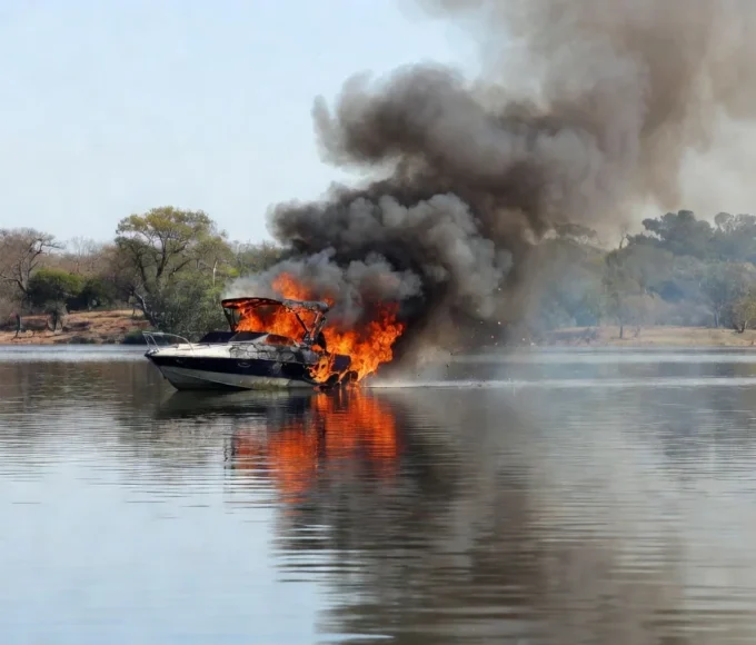 Incêndio em lancha no Lago Paranoá, Brasília, com fumaça subindo da embarcação.